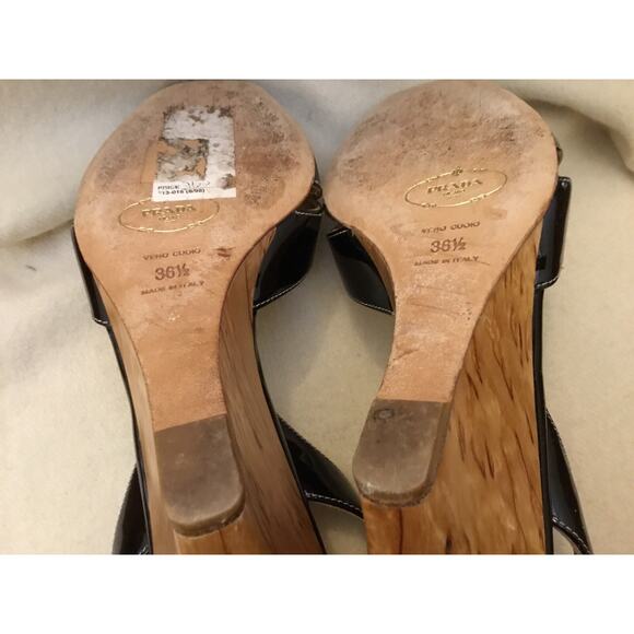 Prada black patent leather slingback wood veneer wedge Peep Toe Sandal - Picture 6 of 7